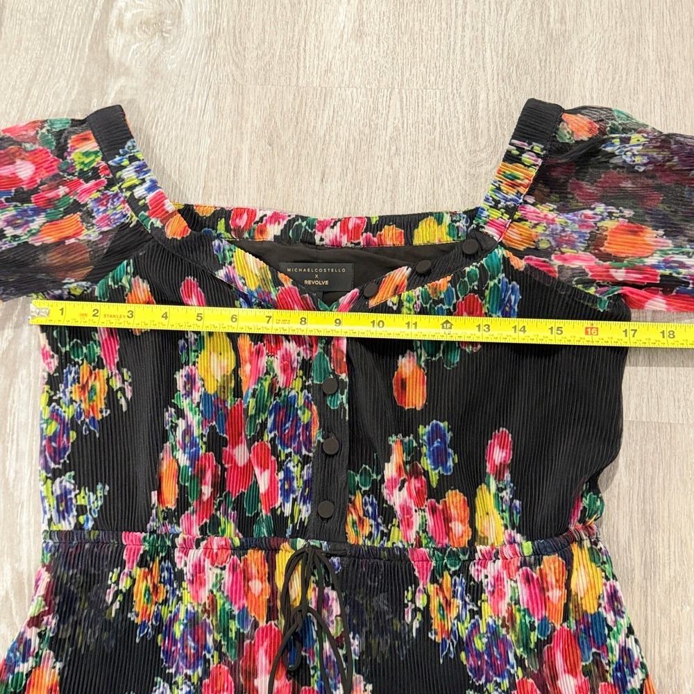 Michael Costello x REVOLVE Floral Off Shoulder Pleated Dahlia Mini Dress Black - Picture 7 of 9